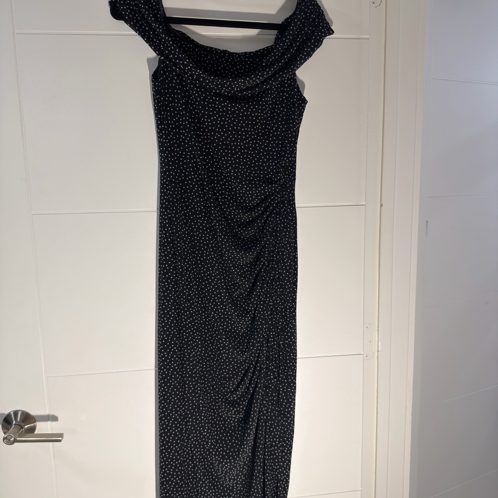 Black Off-Shoulder Polka Dot Maxi Dress